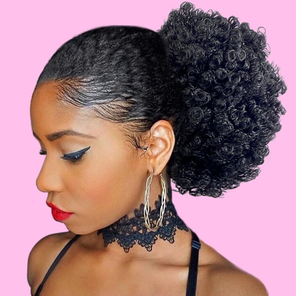 Afro Kinky Curl Ponytail Synthetic Hair Clip-In Messy Bun Black Women Style
